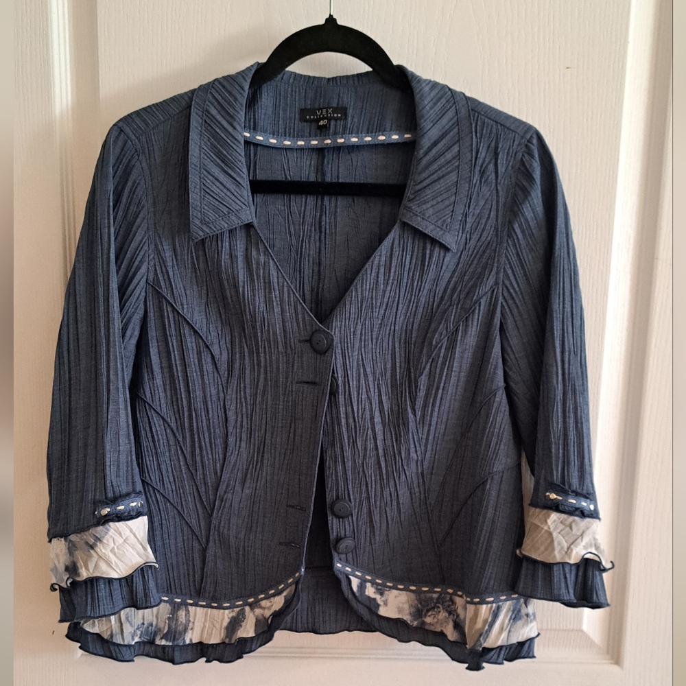 Elegant Blue Blazer with Ruffle Details